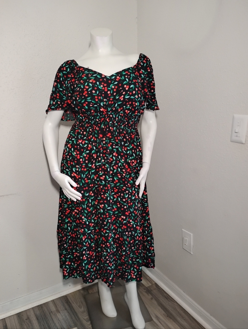 New Plus Size 2X Maxi Black Dress with Cherry Print